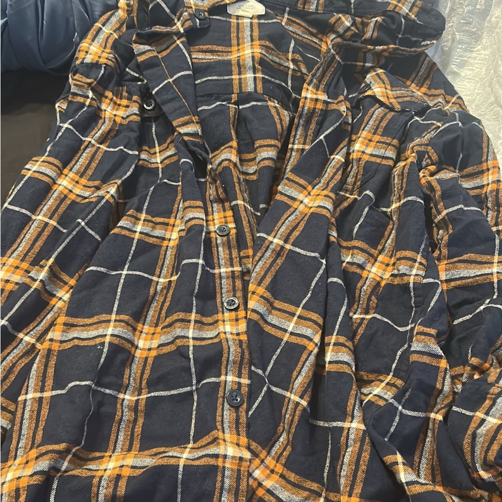 Navy and Orange Plaid Button-Up Shirt